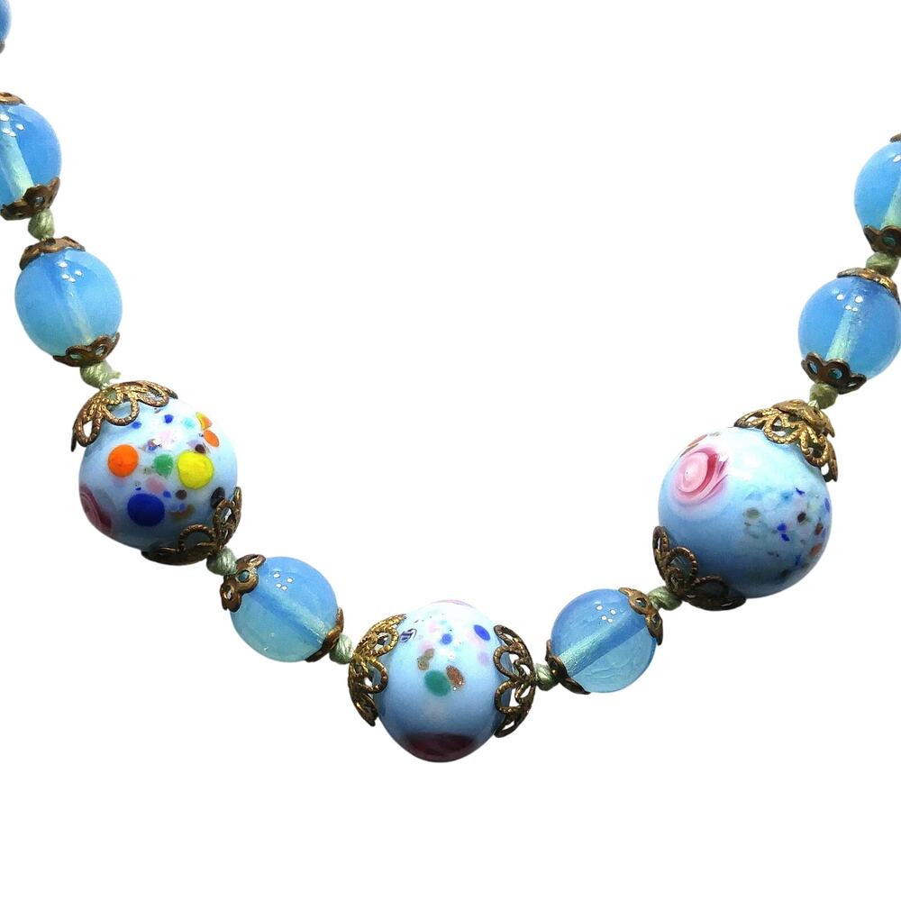 Murano Bead Hand Knotted Necklace, Three Wedding Cake Beads, 1950s Vintage